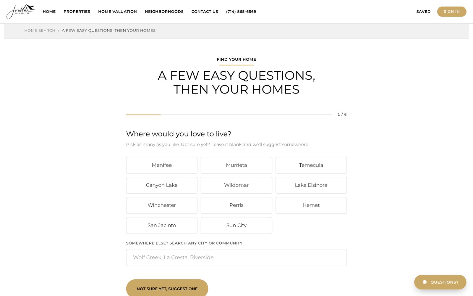 The first question of the home quiz on thehertzgroup.com, asking where you would love to live with Menifee, Murrieta, Temecula and other cities to pick from