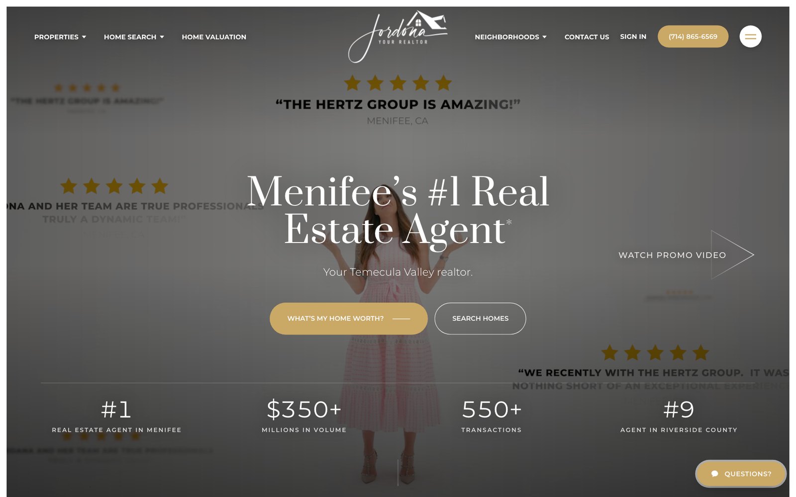 The home page of thehertzgroup.com showing Jordona Hertz, Menifee's number one real estate agent, with 350 million dollars in volume and 550 transactions
