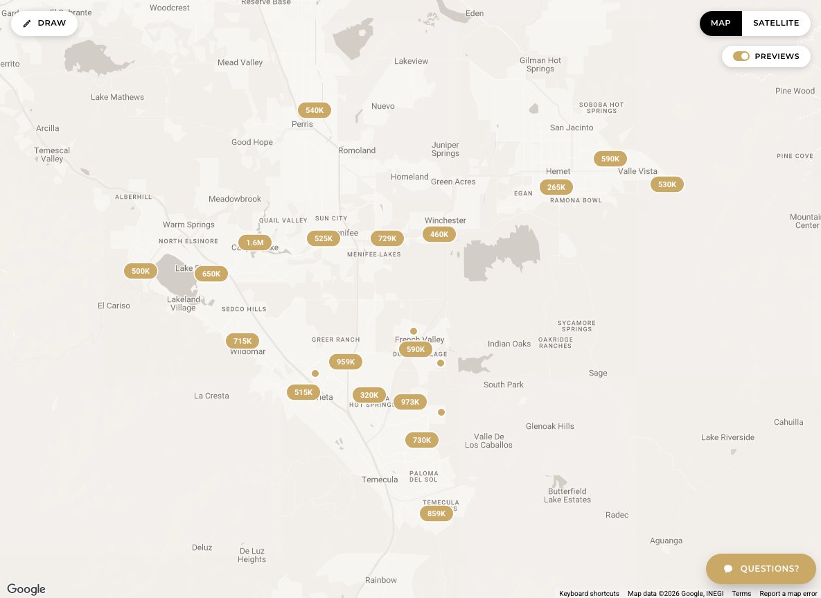 The live map search on thehertzgroup.com with gold price tags on homes for sale across Menifee, Murrieta, Temecula, Canyon Lake and Lake Elsinore